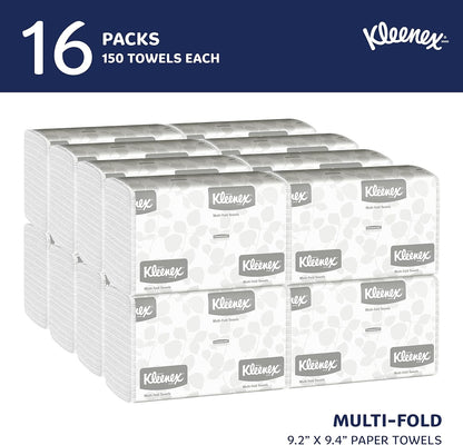 Kleenex Multifold Hand Paper Towels, Bulk (01890), Soft and Absorbent, 9.2" x 9.4" sheets, White, (150 Sheets/Pack, 16 Packs/Case, 2,400 Sheets/Case)