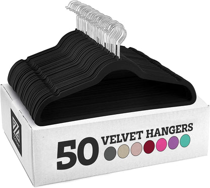 Zober Velvet Hangers 50 Pack - Heavy Duty Black Hangers for Coats, Pants & Dress Clothes - Non Slip Clothes Hanger Set - Space Saving Felt Hangers for Clothing