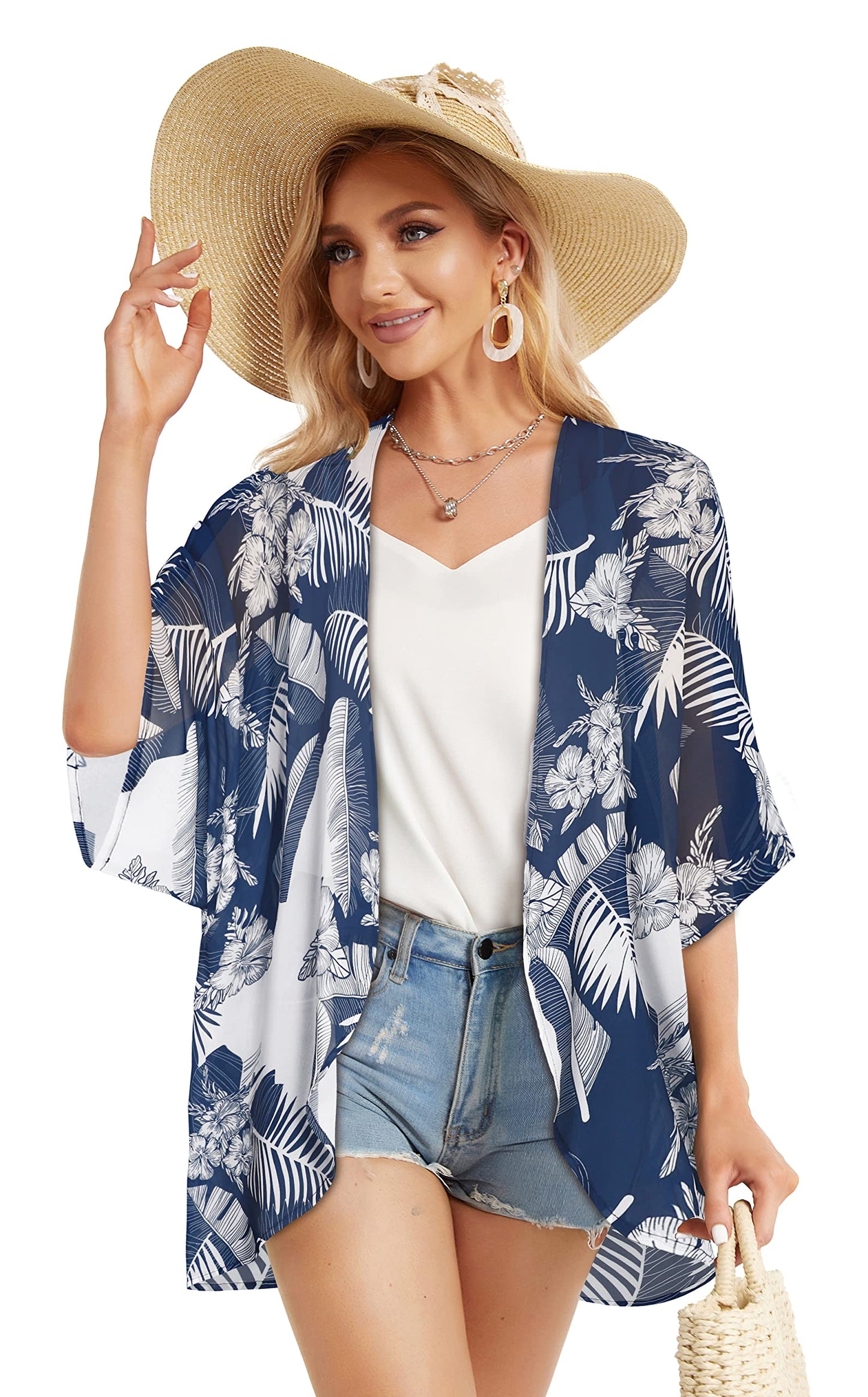 Women's Floral Print Puff Sleeve Kimono Cardigan Loose Cover Up Casual Blouse Tops