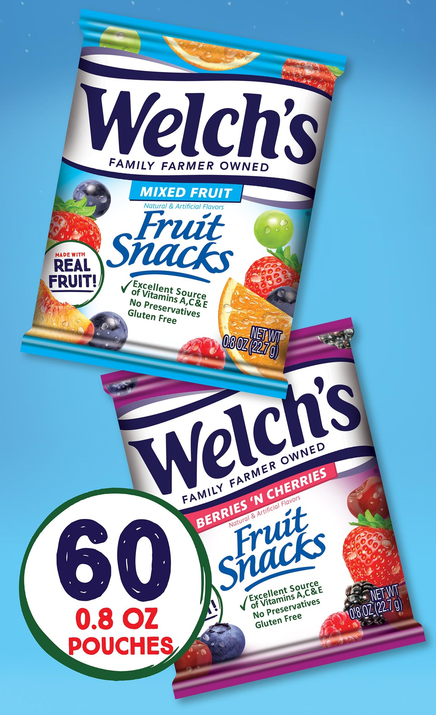 Welch's Fruit Snacks, Mixed Fruit & Berries 'N Cherries Bulk Variety Pack, Perfect for School Lunches, Gluten Free, 0.8 oz Individual Single Serve Bags (Pack of 60)