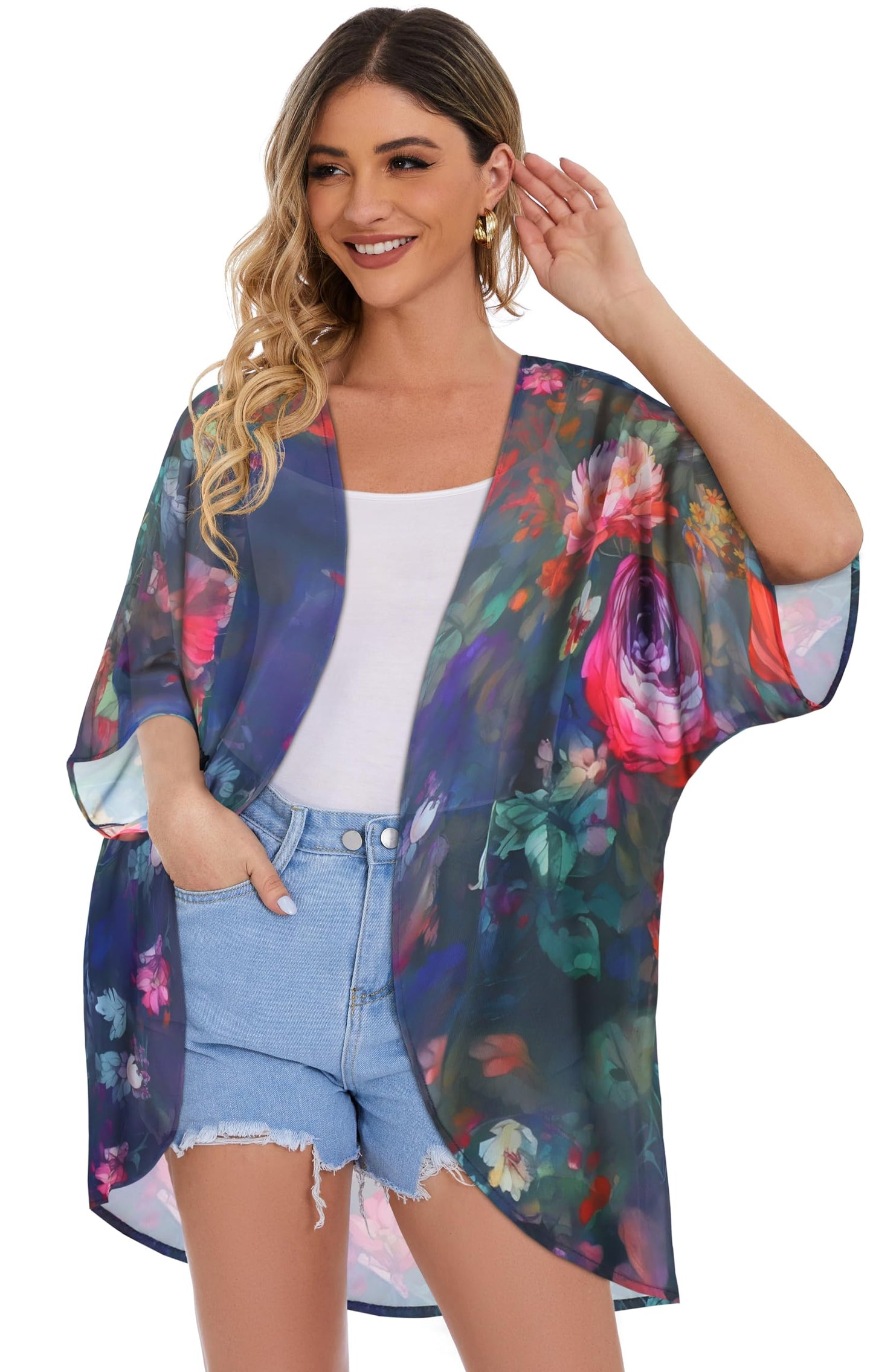 Women's Floral Print Puff Sleeve Kimono Cardigan Loose Cover Up Casual Blouse Tops