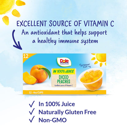 Dole Fruit Bowls Diced Peaches in 100% Juice Snacks, 4oz 12 Total Cups, Gluten & Dairy Free, Bulk Lunch Snacks for Kids & Adults