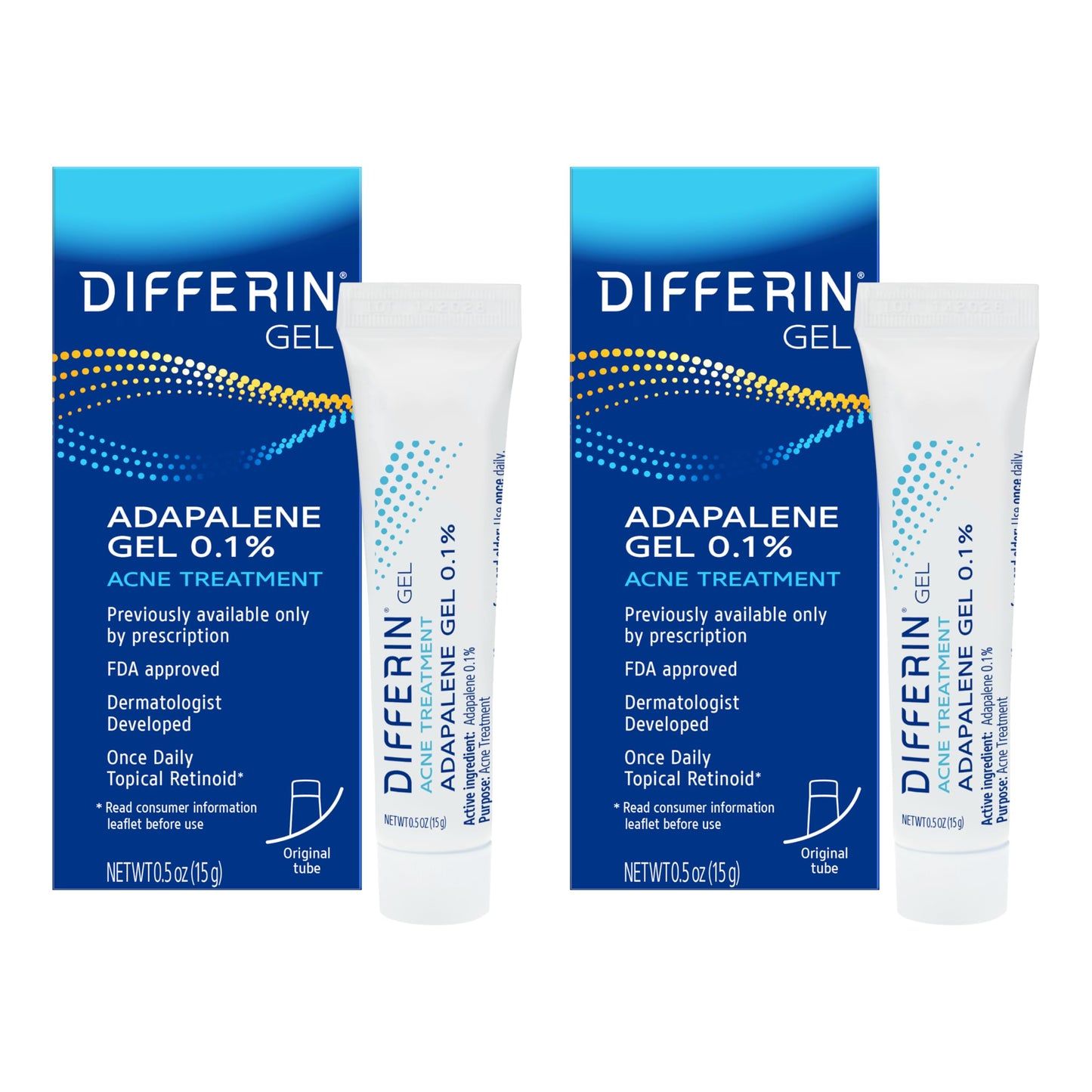 Differin Acne Treatment Gel, Retinoid Treatment for Face with 0.1% Adapalene, Gentle Skin Care for Acne Prone Sensitive Skin, 15g Tube (Packaging May Vary)