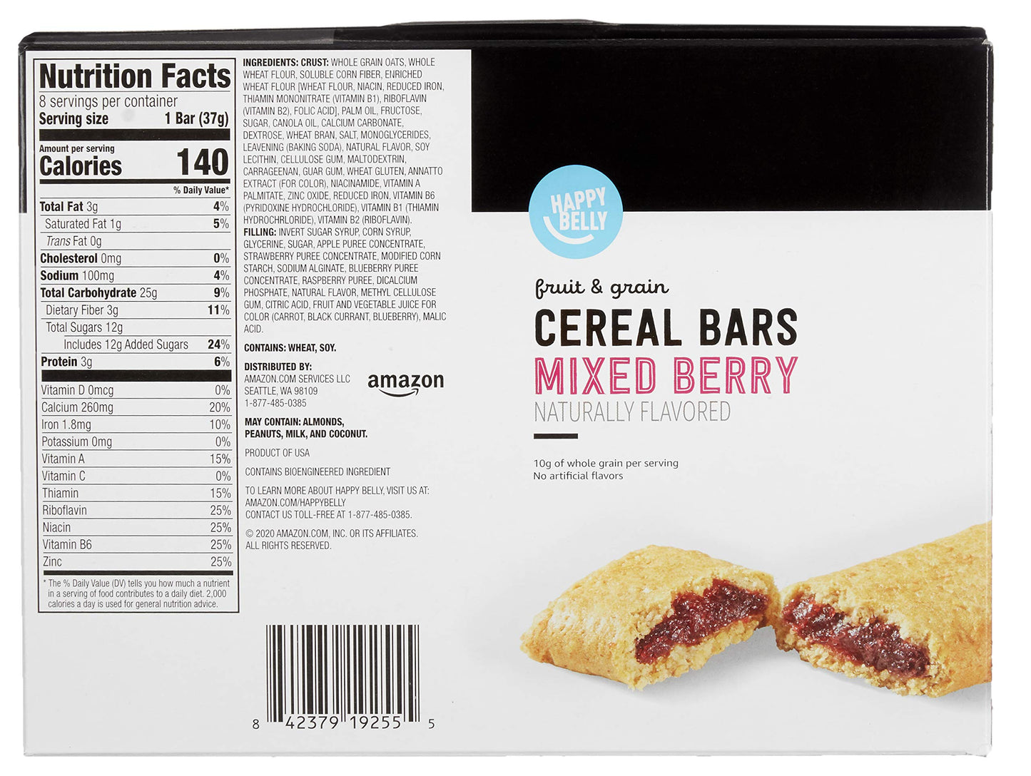 Amazon Brand - Happy Belly Fruit & Grain Cereal Bars, Strawberry , 1.03 Oz, 8 Count (Pack of 1)