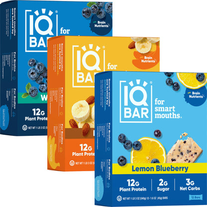 IQBAR Brain and Body Plant Protein Bars - Almond Butter Chip - 12 Count, Low Carb, High Fiber, Gluten Free, Vegan Snacks - Low Sugar Keto Energy Bars