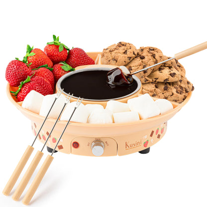 Electric Fondue Pot Set - Chocolate Fondue Kit - Temperature Control, Detachable Serving Trays, & 4 Roasting Forks - Gift Set & Date Night Idea. Serve at Movie Night or Game Night.