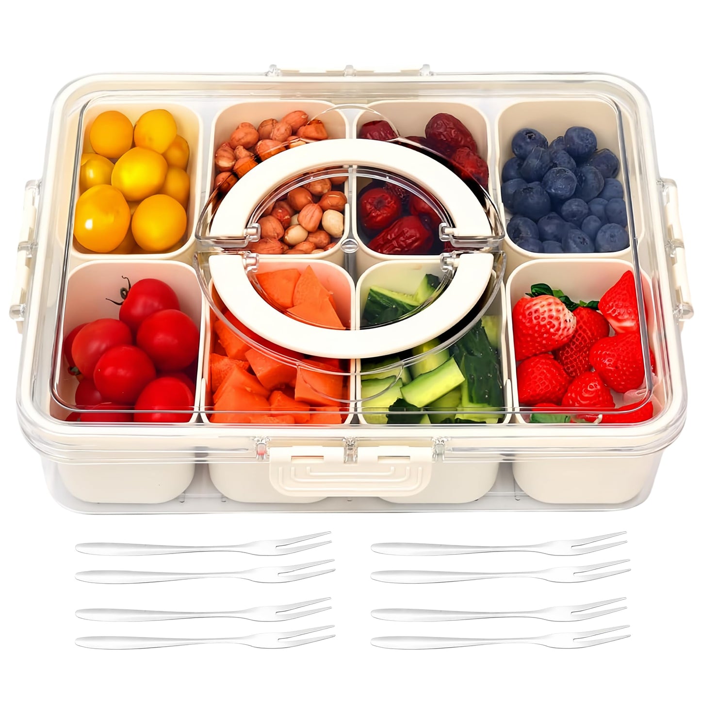 Snackle Box Charcuterie Container- Divided Serving Tray with Lid and Handle- Clear Plastic Portable Snack Box with 8 Compartment for Fruit, Veggie, Candy, Nuts, Picnic, Travel, Entertaining