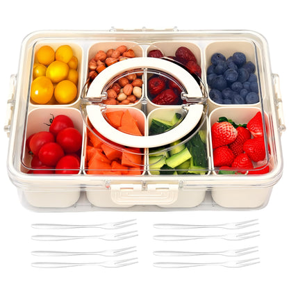 Snackle Box Charcuterie Container- Divided Serving Tray with Lid and Handle- Clear Plastic Portable Snack Box with 8 Compartment for Fruit, Veggie, Candy, Nuts, Picnic, Travel, Entertaining