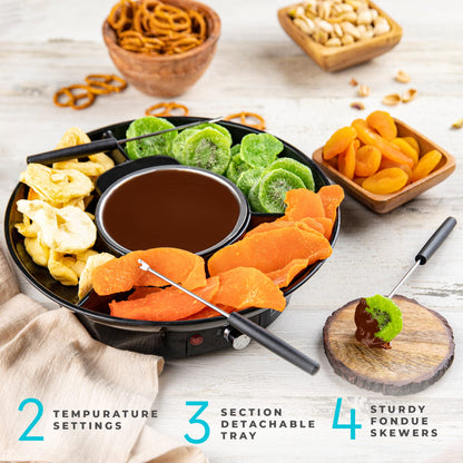 Electric Fondue Pot Set - Chocolate Fondue Kit - Temperature Control, Detachable Serving Trays, & 4 Roasting Forks - Gift Set & Date Night Idea. Serve at Movie Night or Game Night.