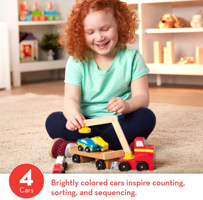 Melissa & Doug Magnetic Car Loader Wooden Toy Set With 4 Cars and 1 Semi-Trailer Truck