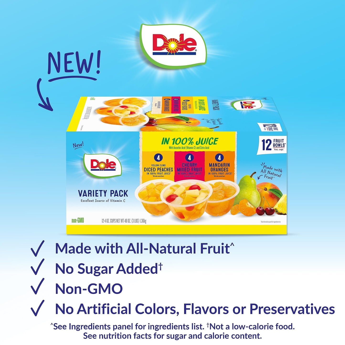 Dole Fruit Bowls No Sugar Added Variety Pack Snacks, Peaches, Mandarin Oranges & Cherry Mixed Fruit, 4oz 12 Cups, Gluten & Dairy Free, Bulk Lunch Snacks for Kids & Adults