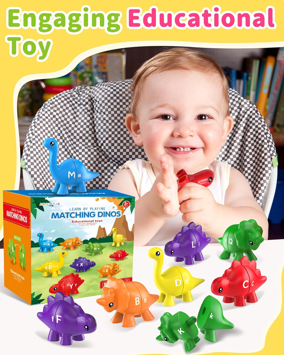 26PCS Dinosaur Alphabet Learning Toys for Toddlers 2-4, Montessori Educational Toys Gifts for 2 3 4 Year Old Boys Girls, Double Sided ABC Dinosaur Matching Game, Preschool Fine Motor Toys for Kids 3-5