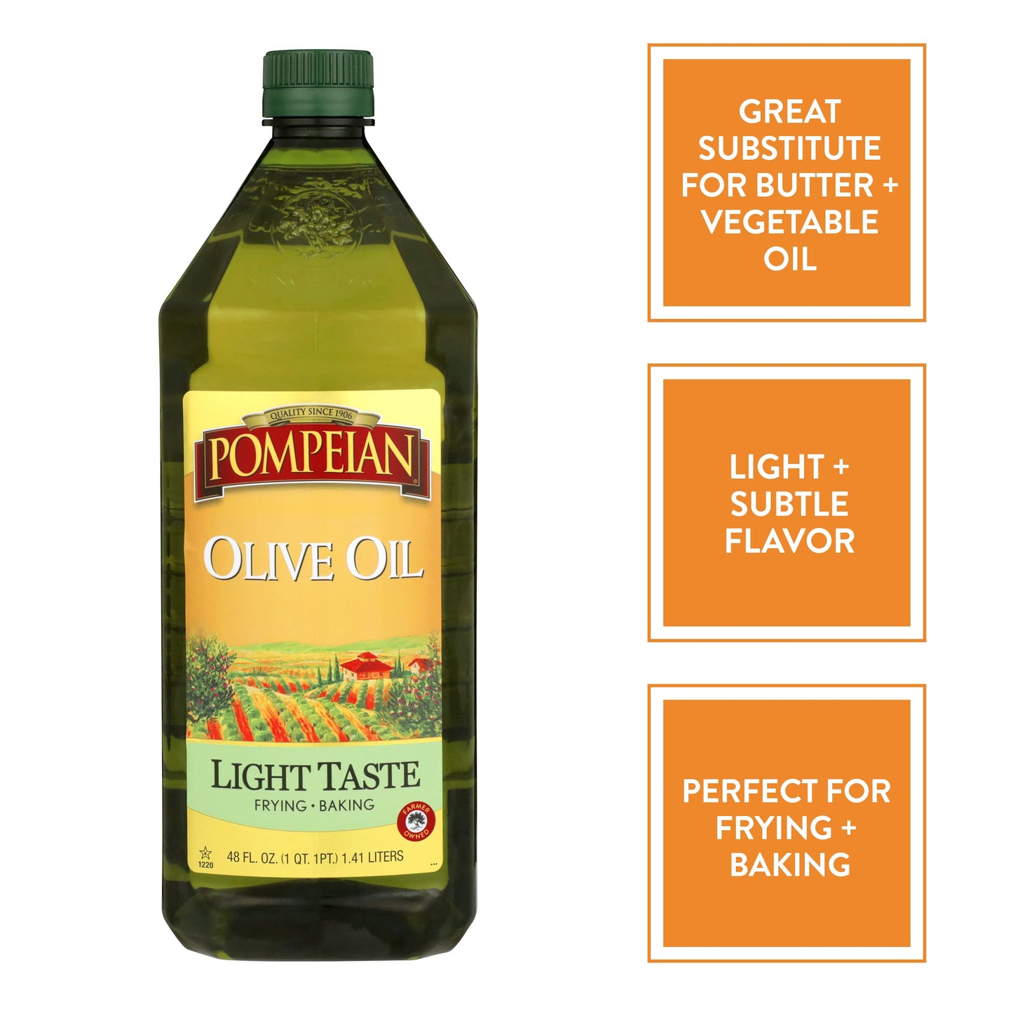 Pompeian Light Taste Olive Oil, Subtle Flavor, Perfect for Frying & Baking, Naturally Gluten Free, Non-Allergenic, Non-GMO, 32 FL. OZ.