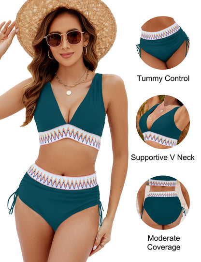 Blooming Jelly Women High Waisted Bikini Sets Tummy Control Swimsuits Color Block Two Piece Drawstring Bathing Suit