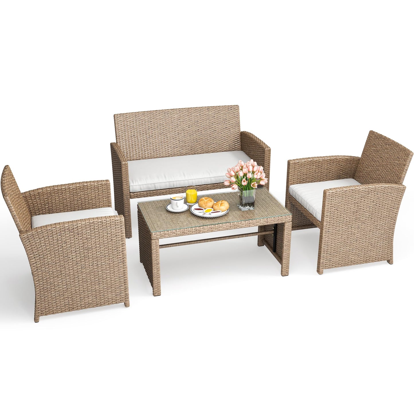 YITAHOME 4-Piece Patio Bistro Set, All-Weather Outdoor Patio Furniture Rattan Wicker Loveseat Conversation Set with Wooden Armrests, Curved Backrest, Glass Side Table, and Soft Cushions - Light Brown