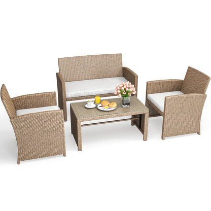 YITAHOME 4-Piece Patio Bistro Set, All-Weather Outdoor Patio Furniture Rattan Wicker Loveseat Conversation Set with Wooden Armrests, Curved Backrest, Glass Side Table, and Soft Cushions - Light Brown