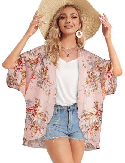 Women's Floral Print Puff Sleeve Kimono Cardigan Loose Cover Up Casual Blouse Tops