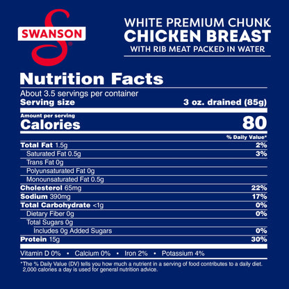 Swanson White Premium Chunk Canned Chicken Breast in Water, Fully Cooked Chicken, 4.5 OZ Can (Pack of 4)