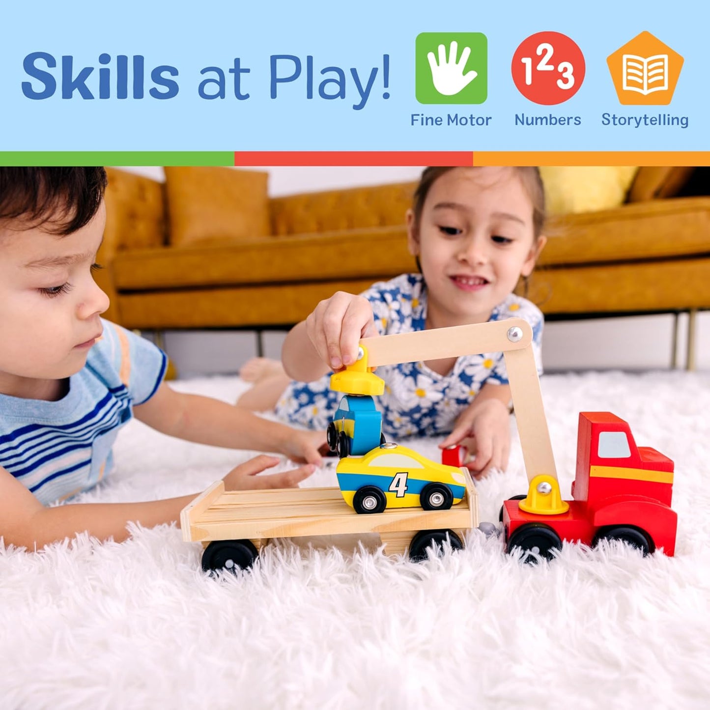 Melissa & Doug Magnetic Car Loader Wooden Toy Set With 4 Cars and 1 Semi-Trailer Truck