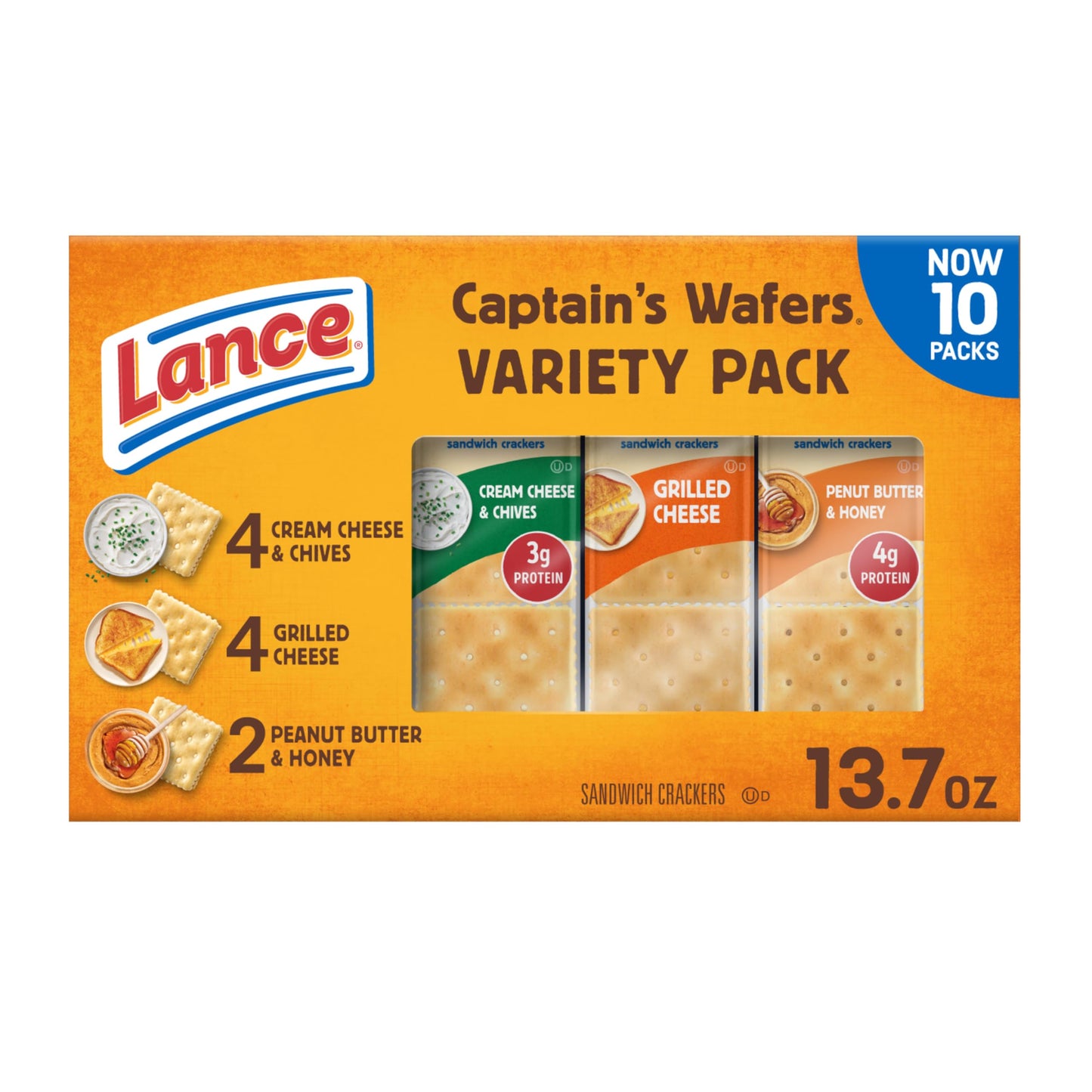 Lance Sandwich Crackers, Captain's Wafer Grilled Cheese, 10 Individual Packs, 6 Sandwiches Each