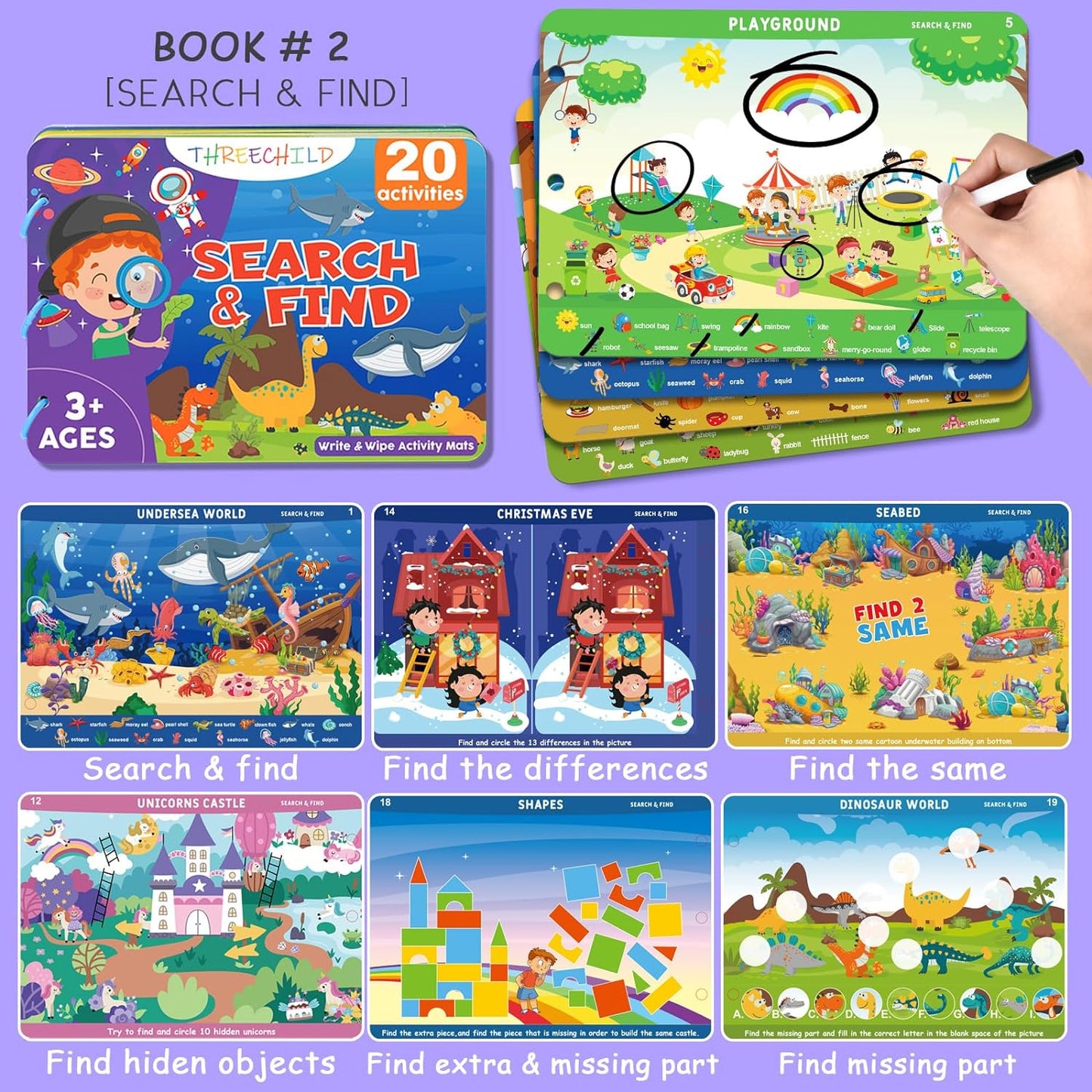 Preschool Learning Activities Workbook Toys for Kids - [2-Pack] Educational Kindergarten Busy Books for Handwriting Practice, Search and Find Games - Gifts for Toddlers Prek Ages 3, 4, 5, 6 year old