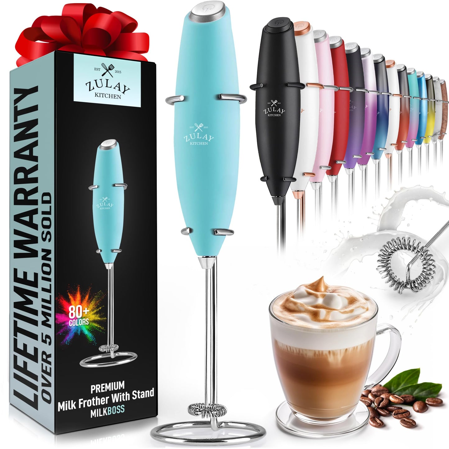 Zulay Powerful Milk Frother (4 Duracell Batteries Included) - Handheld Milk Frother Wand Drink Mixer for Coffee - Powerful Milk Foamer for Cappuccino, Frappe, Matcha & Coffee Creamer - Black