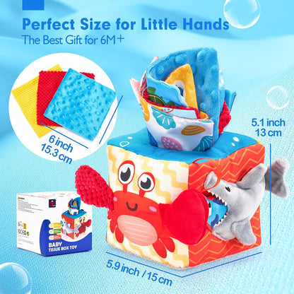 hahaland Baby Tissue Box Toy - Baby Toys 6-12 Months Montessori Toys for 6 Month Old Toys with Textured Tails, Cloth Tissues, Crinkle, Squeaky Sounds, Mirror - Baby Gifts Christmas Stocking Stuffers