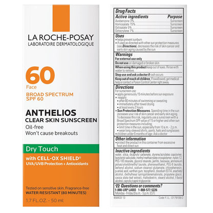 La Roche-Posay Anthelios Clear Skin Sunscreen Dry Touch SPF 60 | Oil Free Sunscreen For Face | Oil Absorbing | Broad Spectrum SPF + Antioxidants | Non-Greasy | Oxybenzone Free | Travel Size Sunscreen