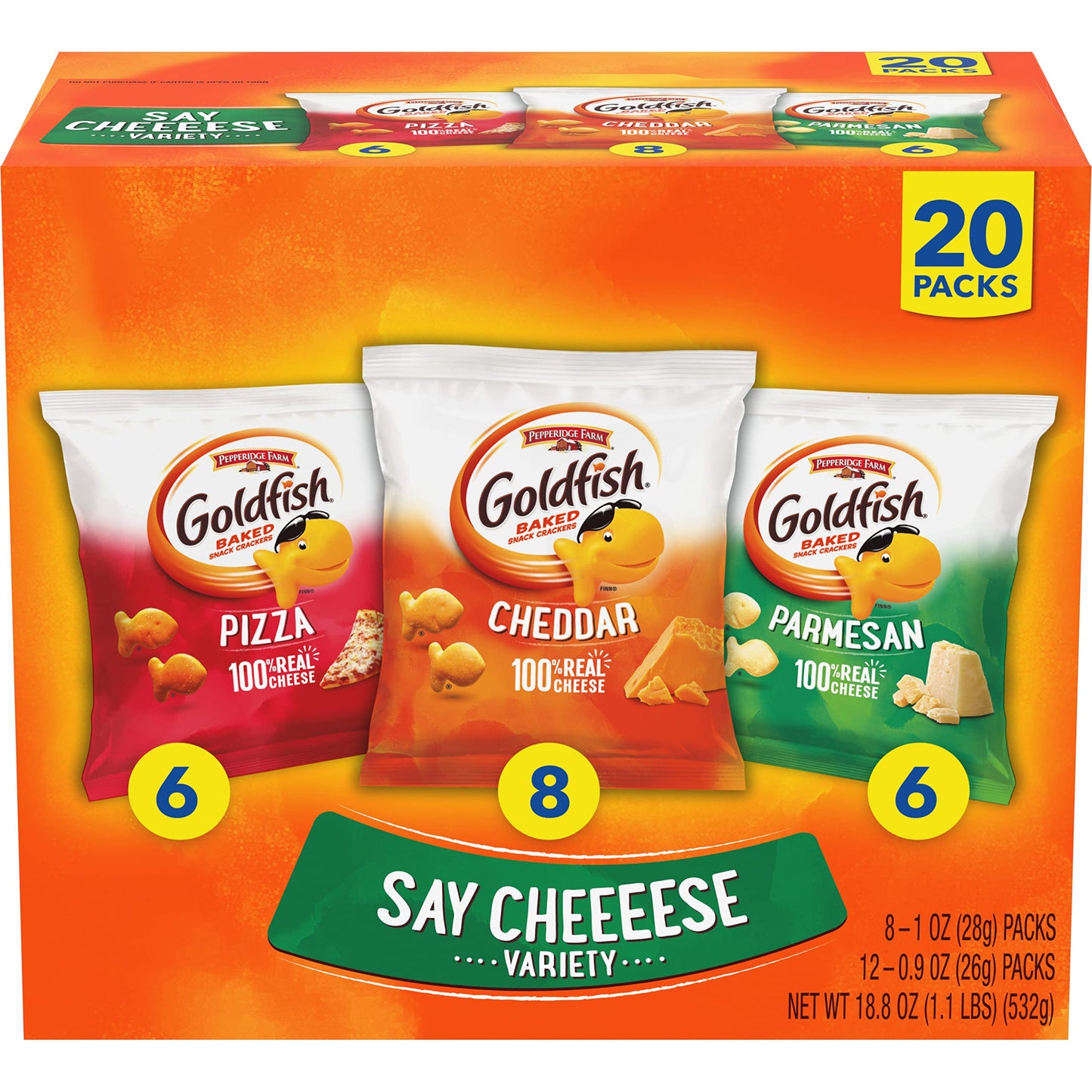 Goldfish Colors Cheddar Crackers, Snack Pack, 0.9 oz, 9 CT Multi-Pack Tray (Pack of 2)