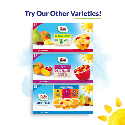 Dole Fruit Bowls Diced Peaches in 100% Juice Snacks, 4oz 12 Total Cups, Gluten & Dairy Free, Bulk Lunch Snacks for Kids & Adults