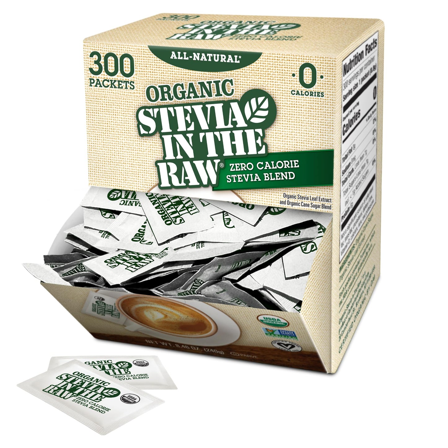 Stevia In The Raw Organic Stevia Sweetener Packets, 300 Ct, Zero Calorie Stevia Sugar Substitute Packets, No Erythritol or Artificial Flavors, USDA Organic, Non-GMO Project Verified, Vegan