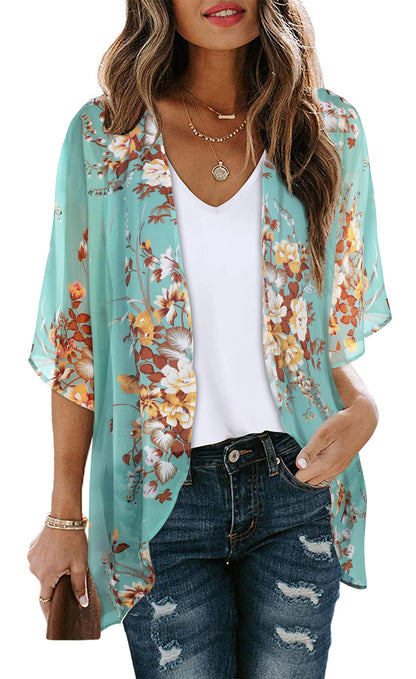 Women's Floral Print Puff Sleeve Kimono Cardigan Loose Cover Up Casual Blouse Tops