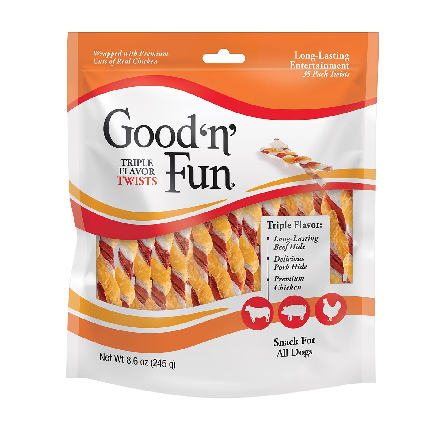 Good'n'Fun Triple Flavor Twists, Dog Chew Sticks, Premium Chicken and Beef Hide Treats for Dogs, 70 Count