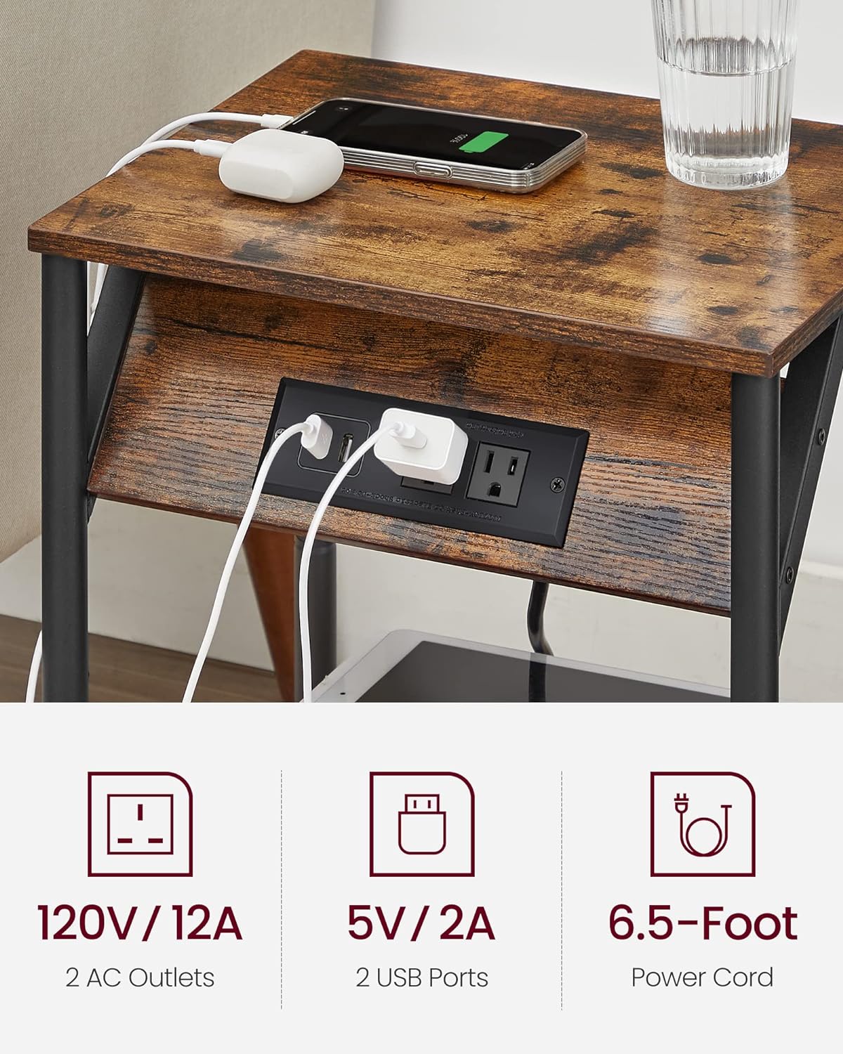 VASAGLE End Table with Charging Station, Set of 2, Small Side Tables for Living Room, Bedroom, Nightstand with Outlets and USB Ports, Bedside Table with Storage Shelf, Rustic Brown and Black