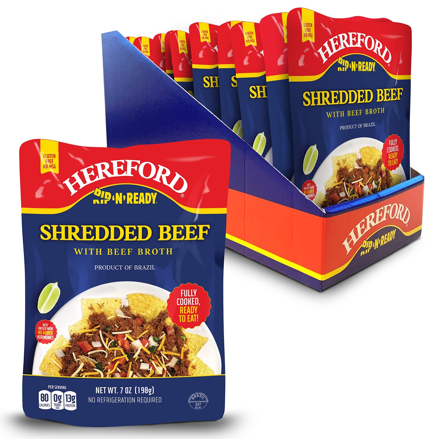 Hereford Shredded Beef with Beef Broth| Shelf Stable | Halal | Fully Cooked | Ready-to-Eat | 13g of Protein per Serving | 7oz per Pouch (Case of 12)