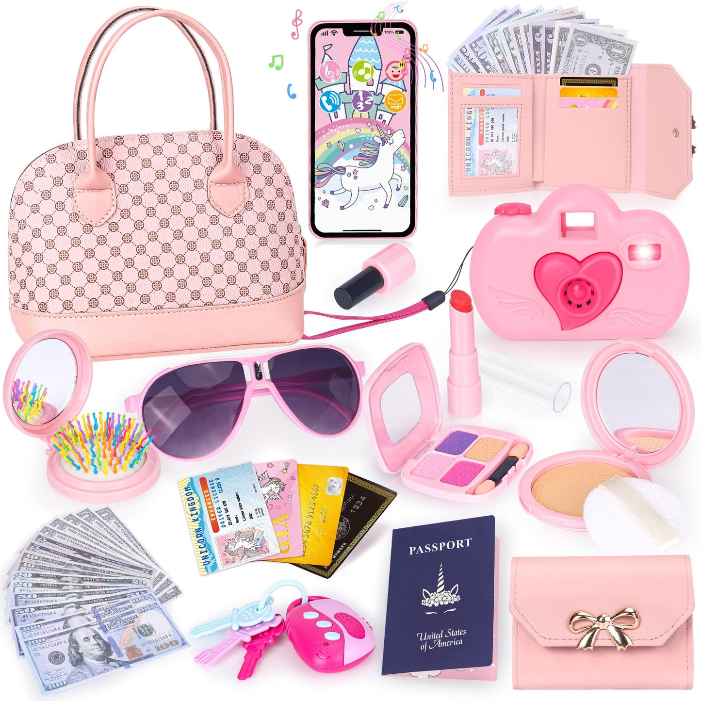 Play Purse for Little Girls, 35PCS Toddler Purse with Pretend Makeup for Toddlers, Princess Toys Includes Handbag, Phone, Wallet, Camera, Keys, Kids Purse Birthday Gift for Girls Age 3 4 5 6+