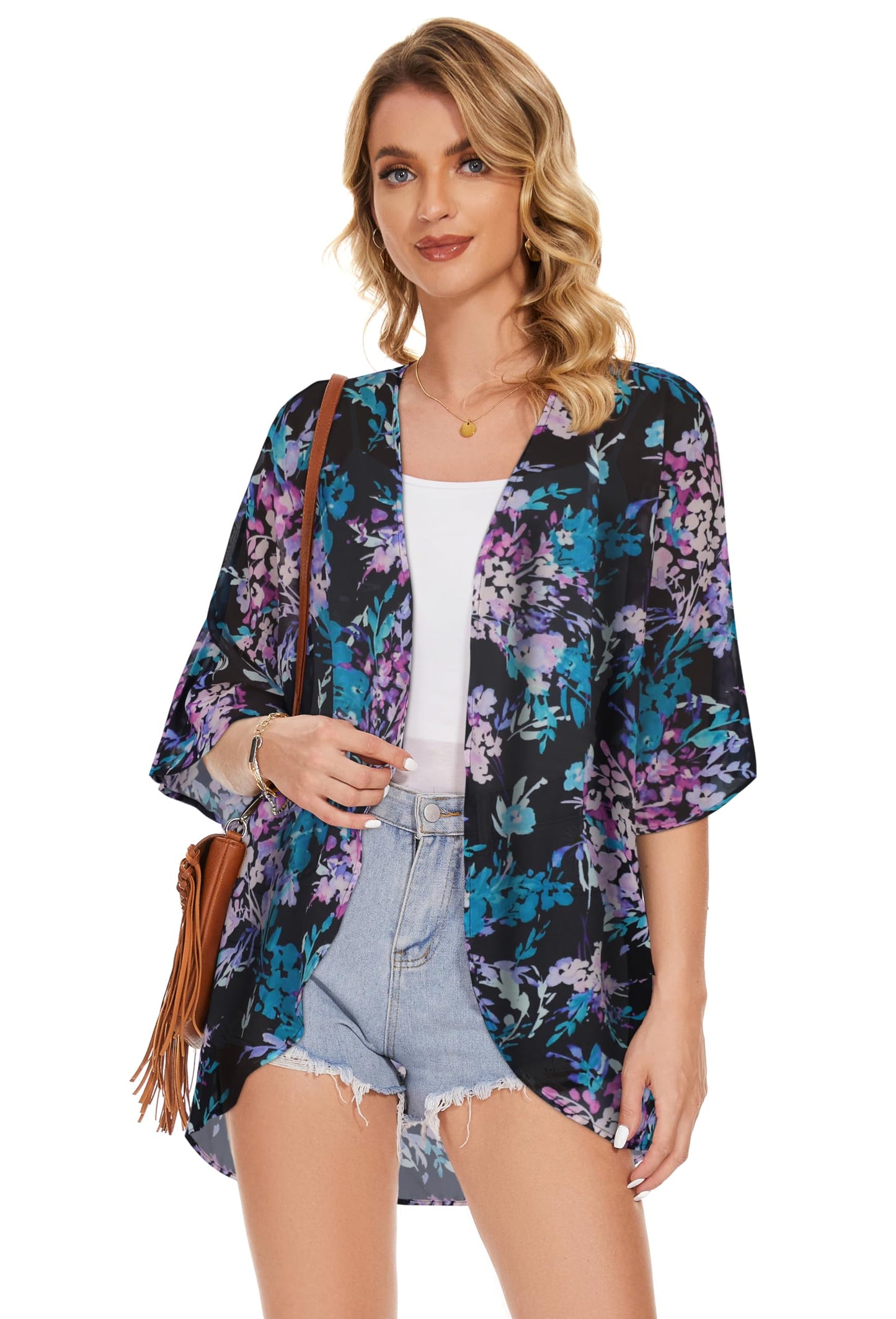 Women's Floral Print Puff Sleeve Kimono Cardigan Loose Cover Up Casual Blouse Tops