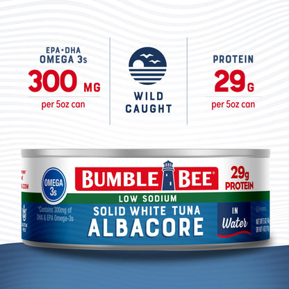 Bumble Bee Solid White Albacore Tuna in Water, 5 oz Can (Pack of 8) - Wild Caught Tuna - 29g Protein per Serving, High in Omega-3s - Non-GMO Project Verified, Gluten Free, Kosher