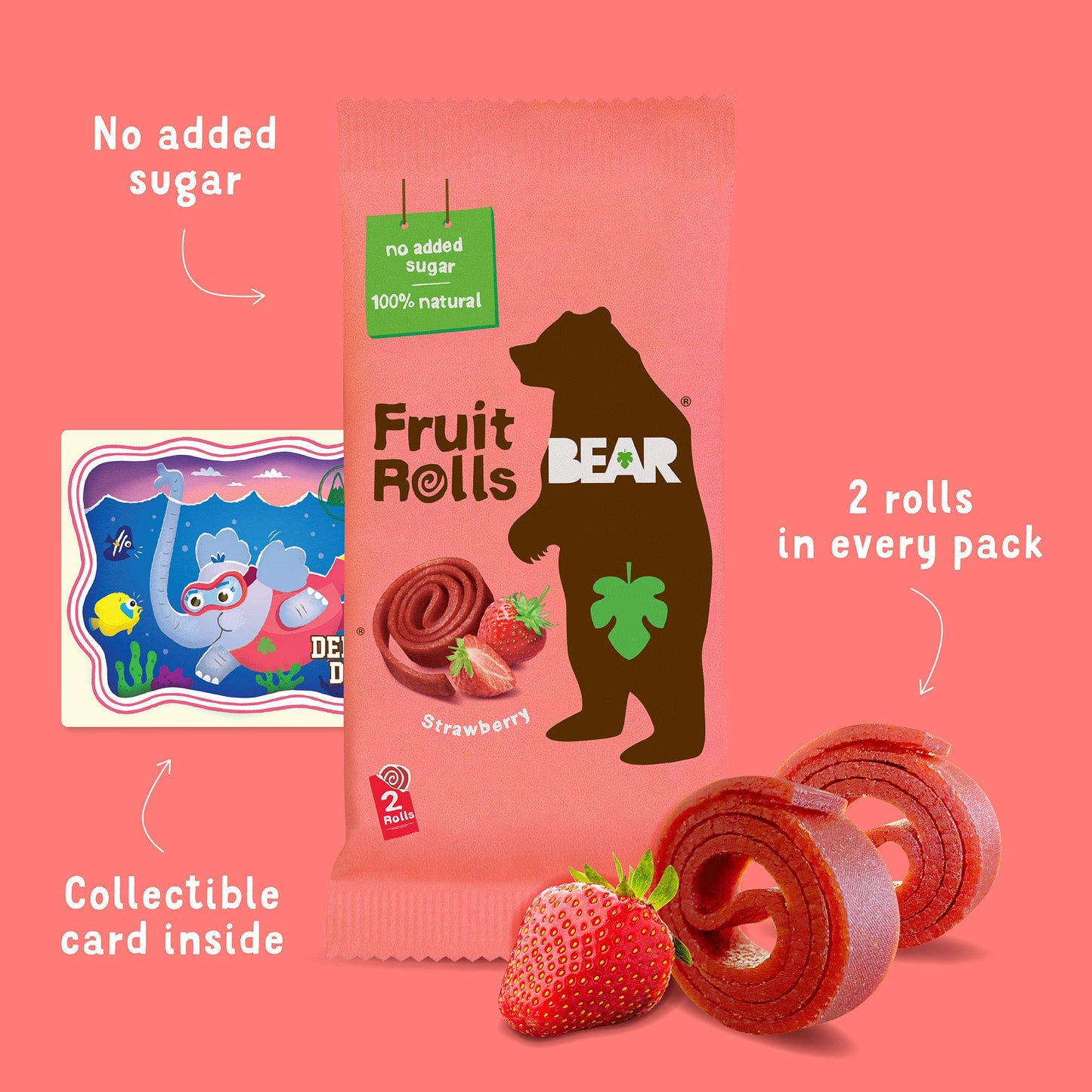 BEAR Real Fruit Snack Rolls - Gluten Free, Vegan, and Non-GMO - Strawberry – Healthy School And Lunch Snacks For Kids And Adults, 0.7 Ounce (Pack of 18)