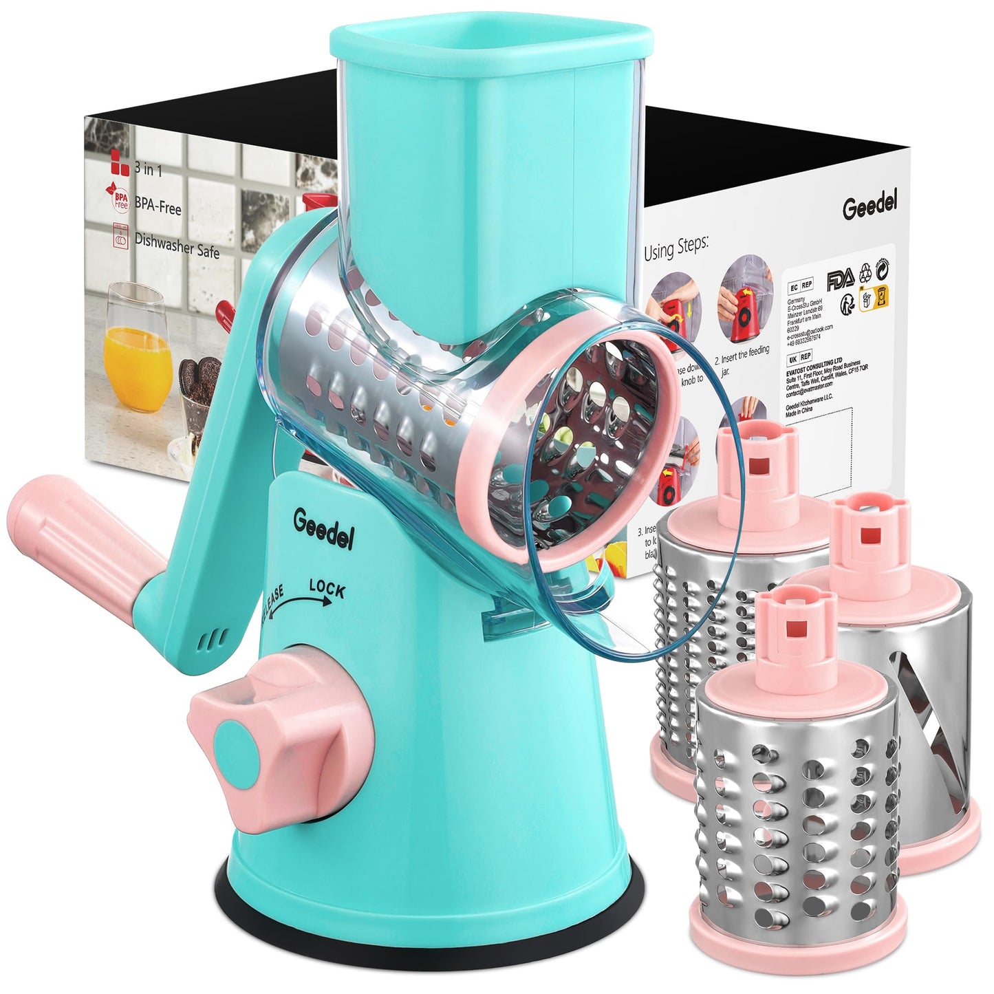 Geedel Rotary Cheese Grater, Kitchen Mandoline Vegetable Slicer with 3 Interchangeable Blades, Easy to Clean Grater for Fruit, Vegetables, Nuts