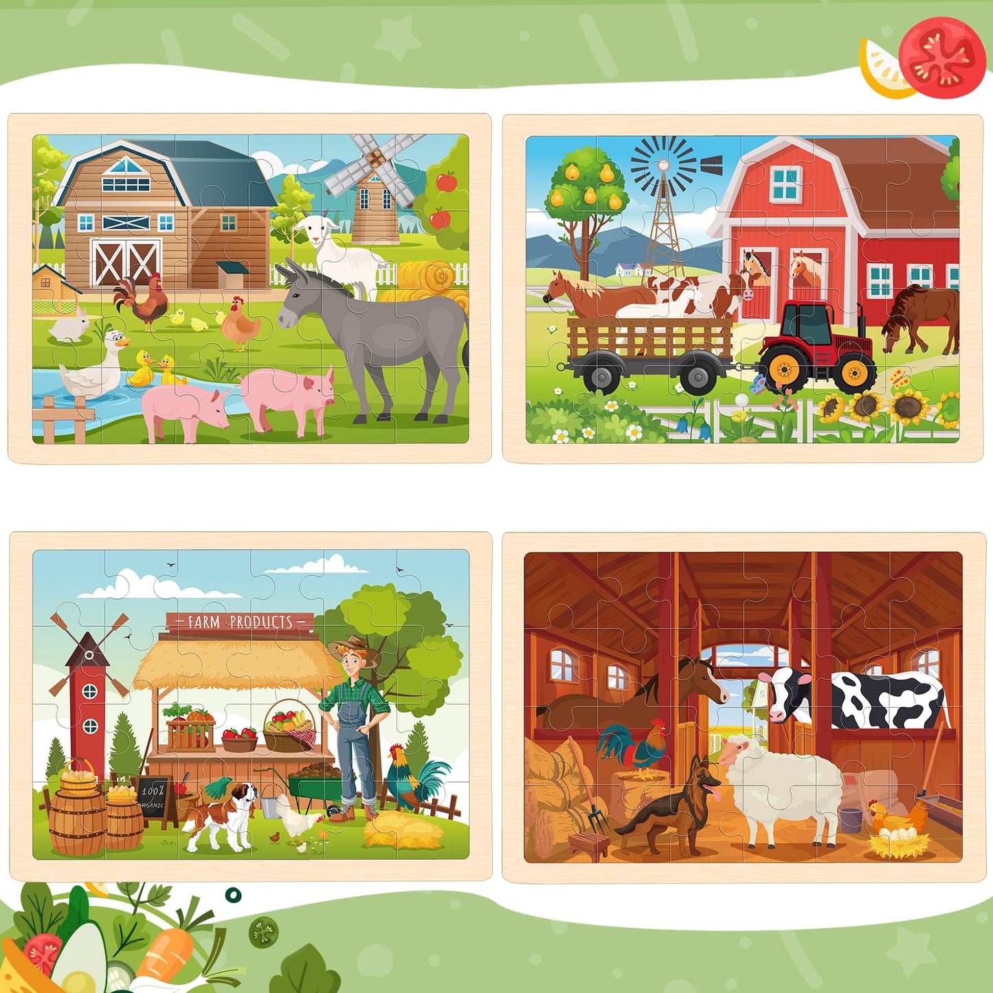 4-in-1 Farm Wooden Puzzles for Kids Ages 4-6, 24 PCS Wooden Jigsaw Puzzles for Toddlers Ages 2-4, Preschool Educational Puzzles Boards Toys Gifts for 3 4 5 6 Boys Girls