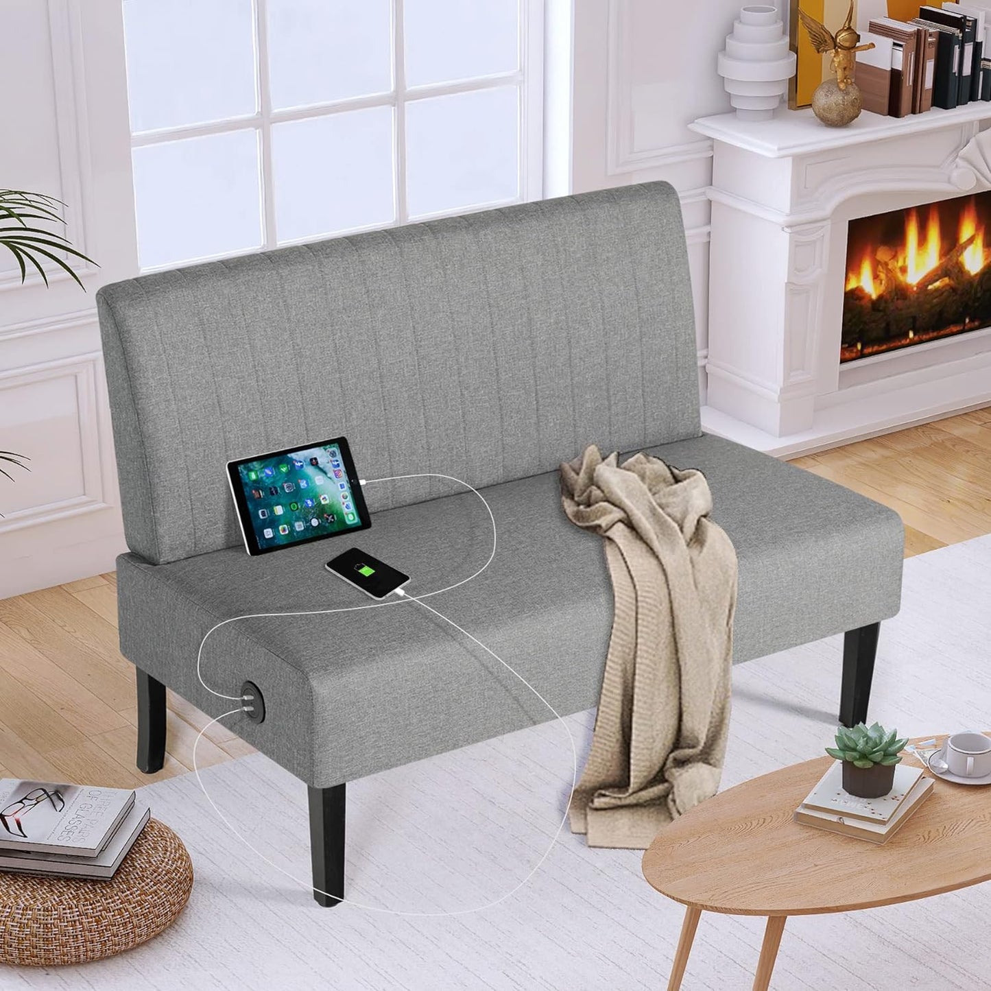 STHOUYN Mini Small Comfy Couch Armless Loveseat Sofa for Bedroom with USB Port, Velvet Small Couches for Small Spaces Living Room, Apartment Office Dorm (Grey)