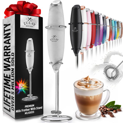 Zulay Powerful Milk Frother (4 Duracell Batteries Included) - Handheld Milk Frother Wand Drink Mixer for Coffee - Powerful Milk Foamer for Cappuccino, Frappe, Matcha & Coffee Creamer - Black