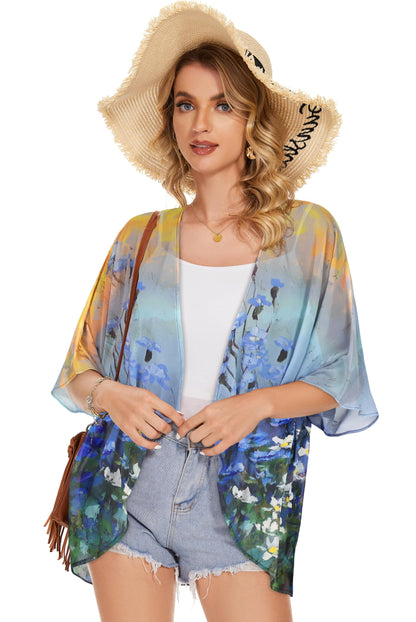 Women's Floral Print Puff Sleeve Kimono Cardigan Loose Cover Up Casual Blouse Tops