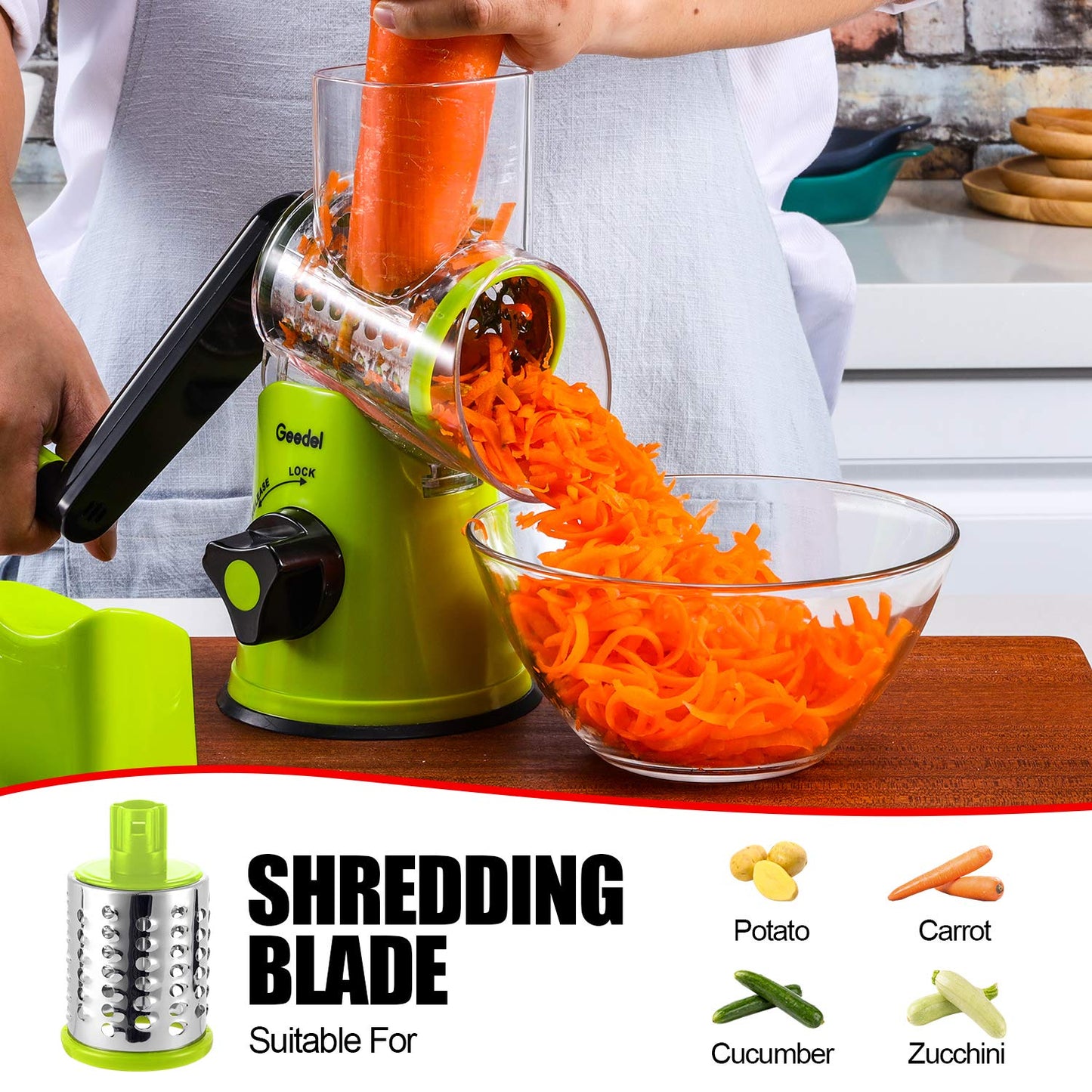 Geedel Rotary Cheese Grater, Kitchen Mandoline Vegetable Slicer with 3 Interchangeable Blades, Easy to Clean Grater for Fruit, Vegetables, Nuts