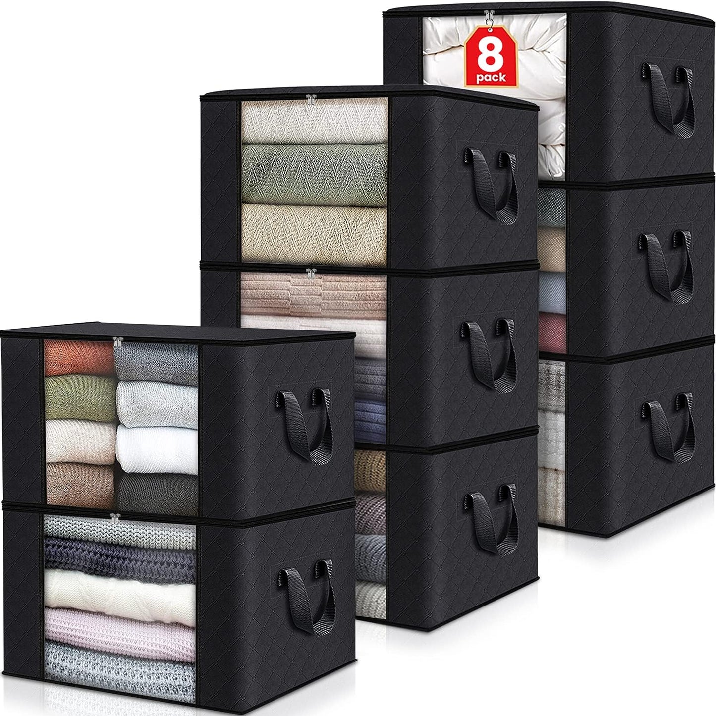 Fab totes 2 Pack Clothes Storage, Foldable Blanket Storage Bags, Storage Containers for Organizing Bedroom, Closet, Clothing, Comforter, Organization and Storage with Lids and Handle, Black