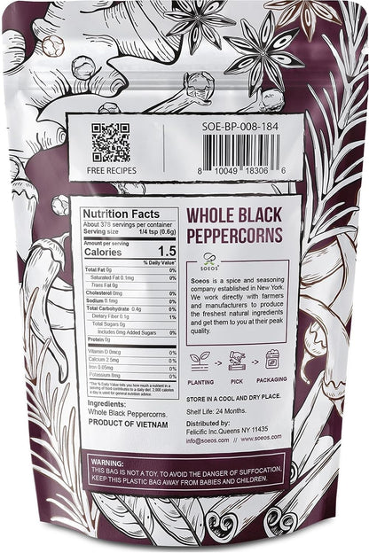 Soeos Black Peppercorns, 16oz (Pack of 1), Non-GMO, Kosher, Packed to Keep Peppers Fresh, Peppercorn for Grinder Refill, Whole Peppercorns