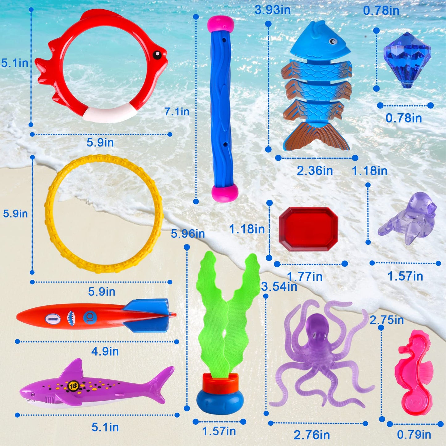 30 Packs Summer Pool Diving Swimming Essentials Toys for Kids, Fun Swim Games Sinking Set, Underwater Dive Gifts with Storage Bag Include Torpedo Gems Shark Rings Sea Animals for Boys Girls Toddlers