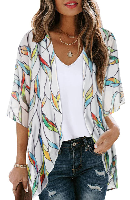 Women's Floral Print Puff Sleeve Kimono Cardigan Loose Cover Up Casual Blouse Tops