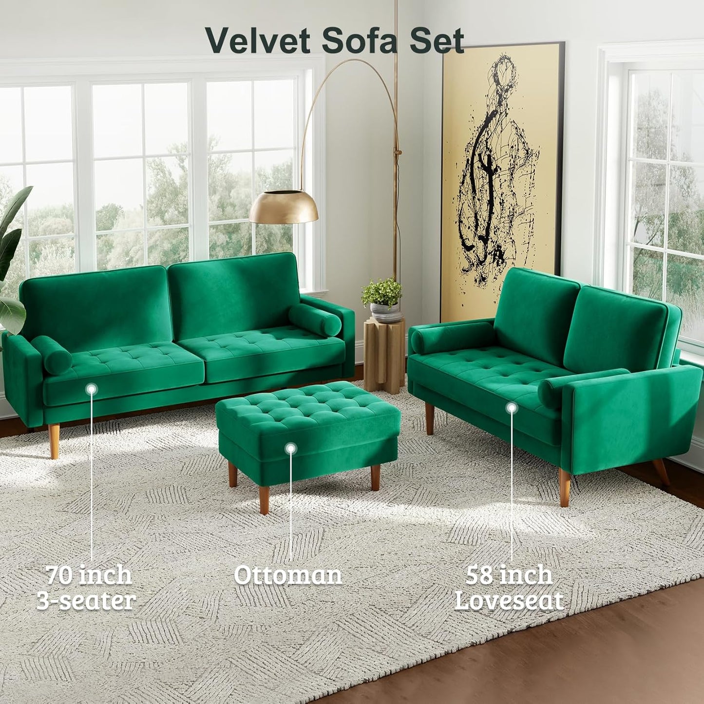 Vesgantti Loveseat Sofa, 58" Green Velvet Couch Small Couch Love Seat Sofa with Tufted Seat, Mid Century Modern Couch for Living Room, Bedroom, Office, Apartment (58 Inch, Green)